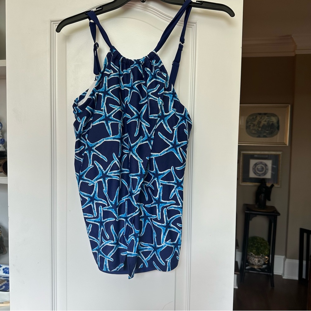 CROWN AND IVY halter type tankini top with split front wrap style tummy control